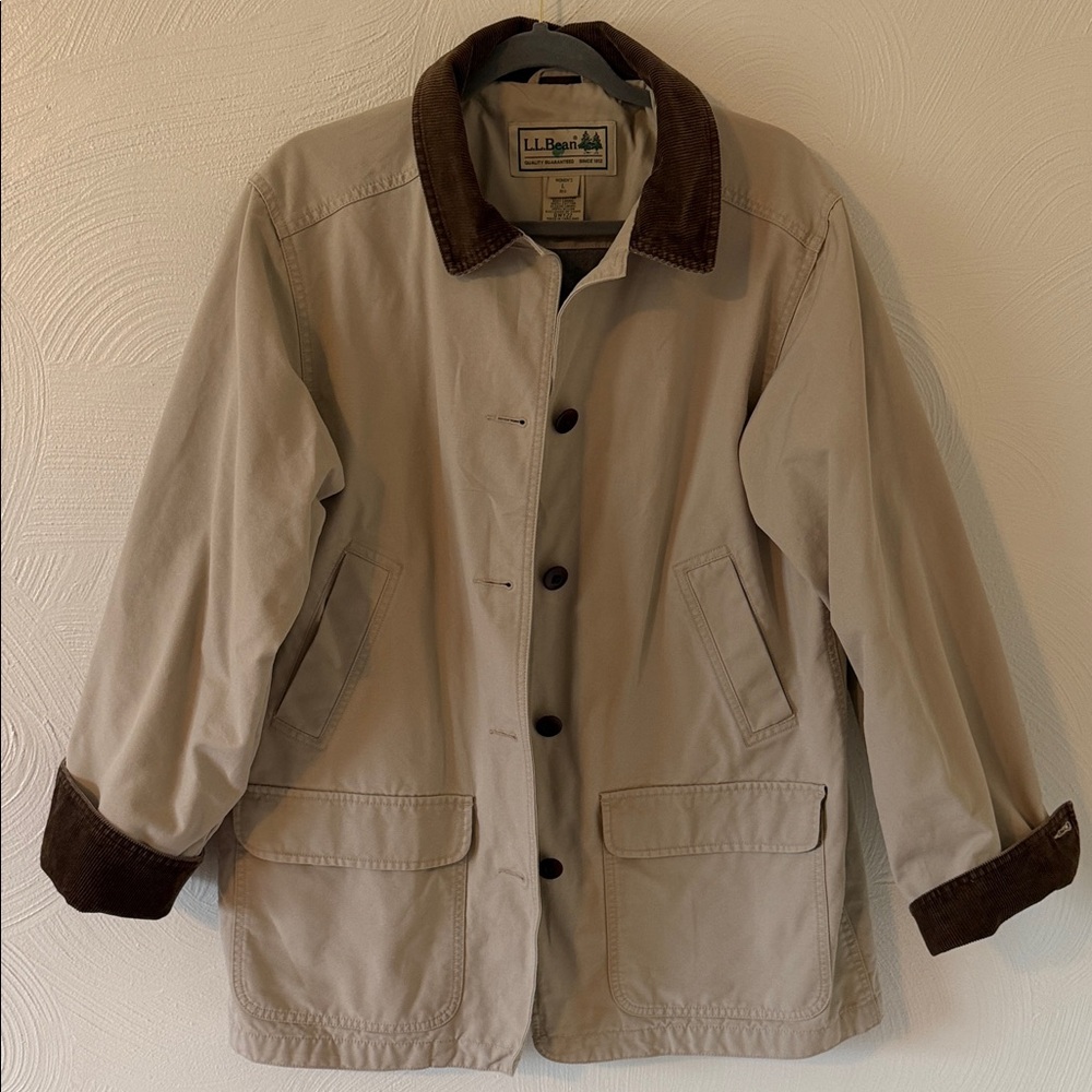 L.L. Bean Tan Utility Jacket with Dark Brown Corduroy Collar & Cuffs